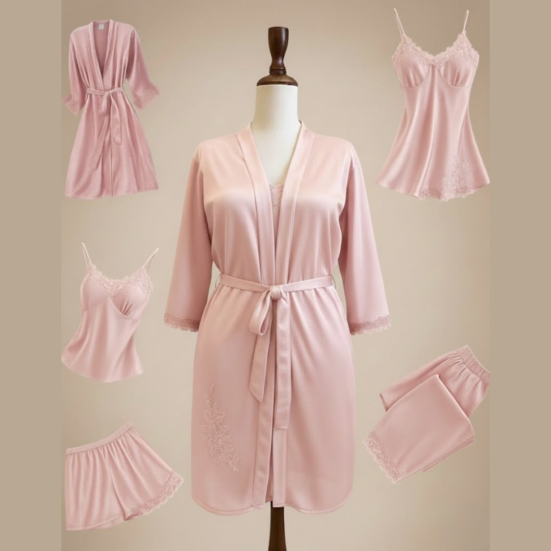 Premium 5-Piece Luxury Satin Nightwear Set – Soft Velvet Feel, Lace Detail