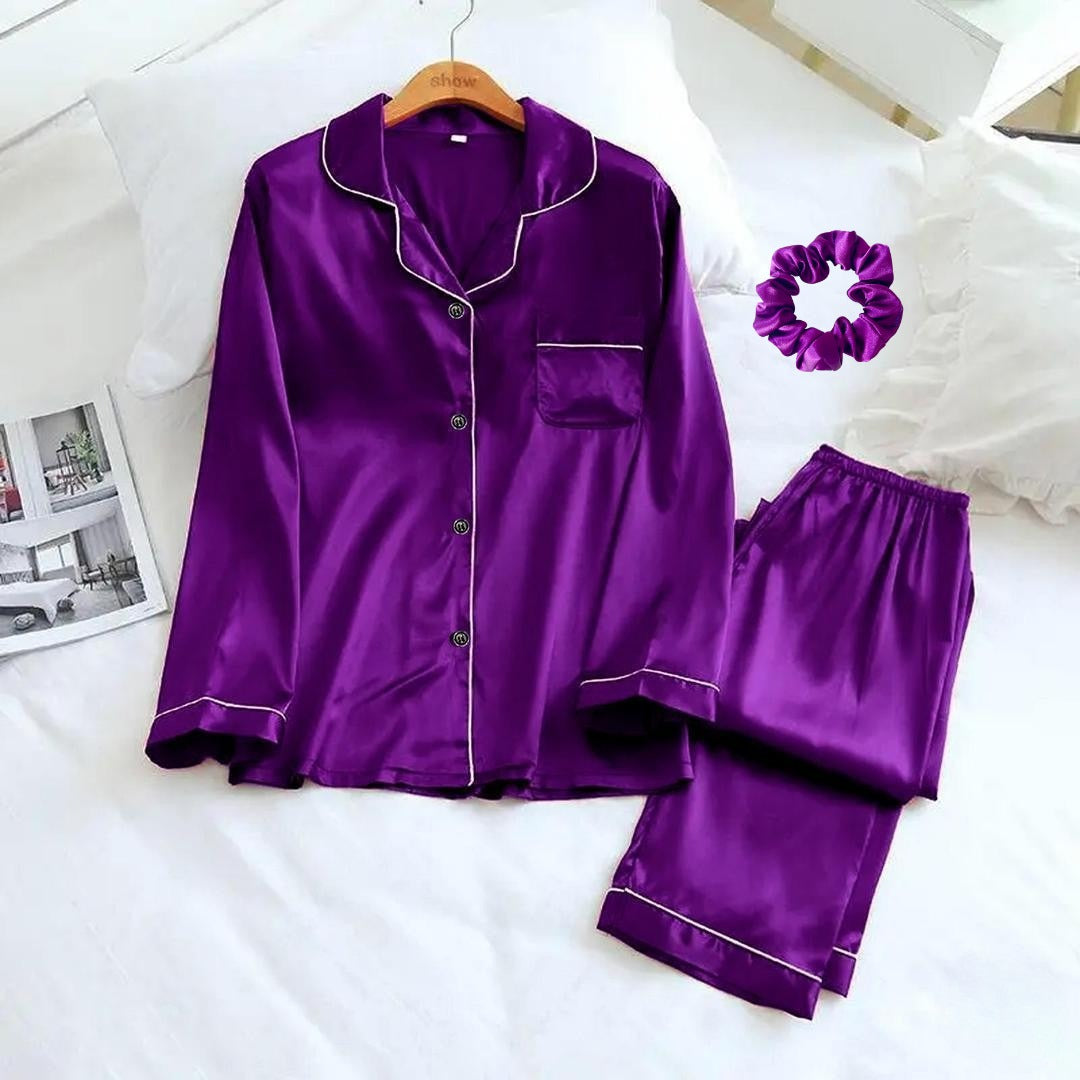 Luxury Silk-Feel Satin Night Suit with Matching Scrunchie