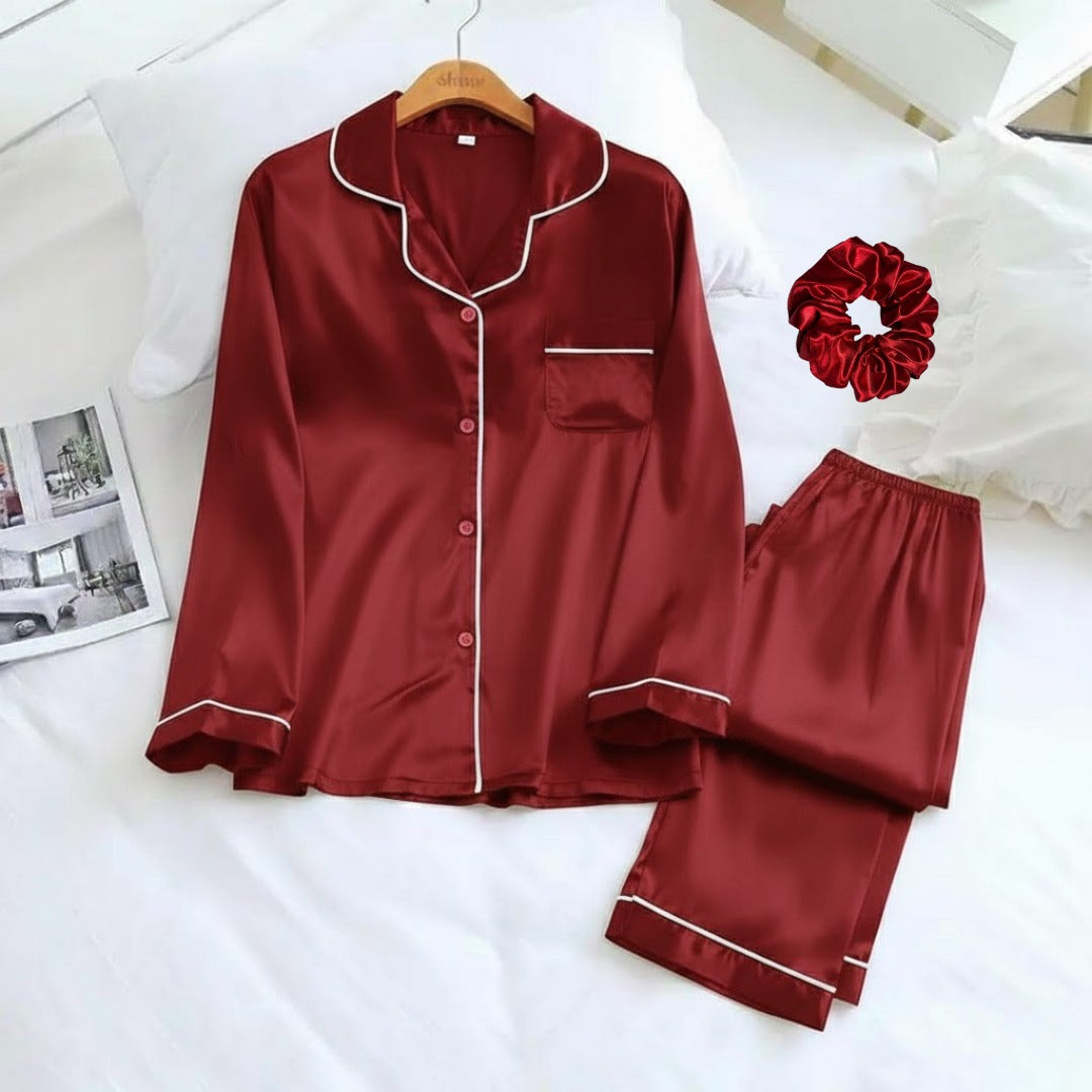 Luxury Silk-Feel Satin Night Suit with Matching Scrunchie