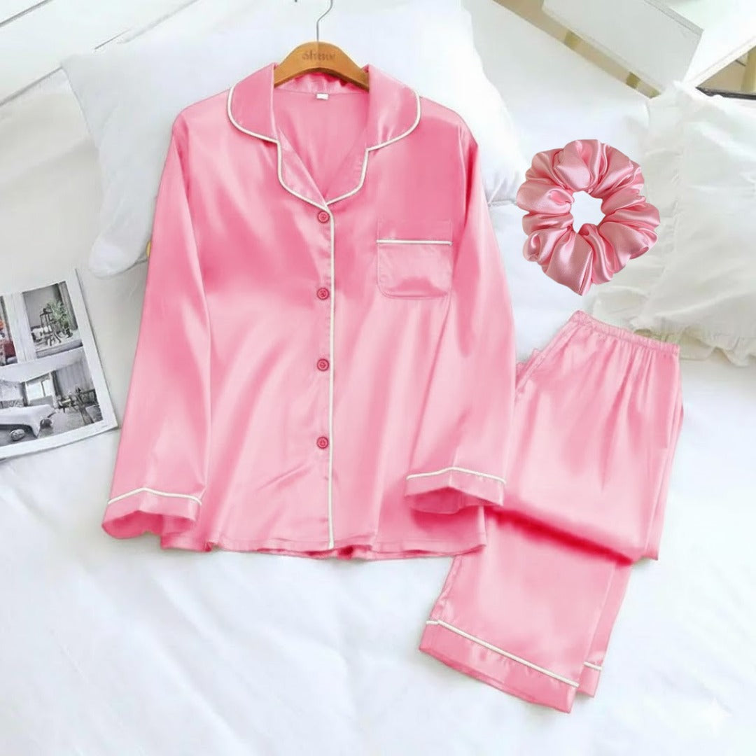 Luxury Silk-Feel Satin Night Suit with Matching Scrunchie