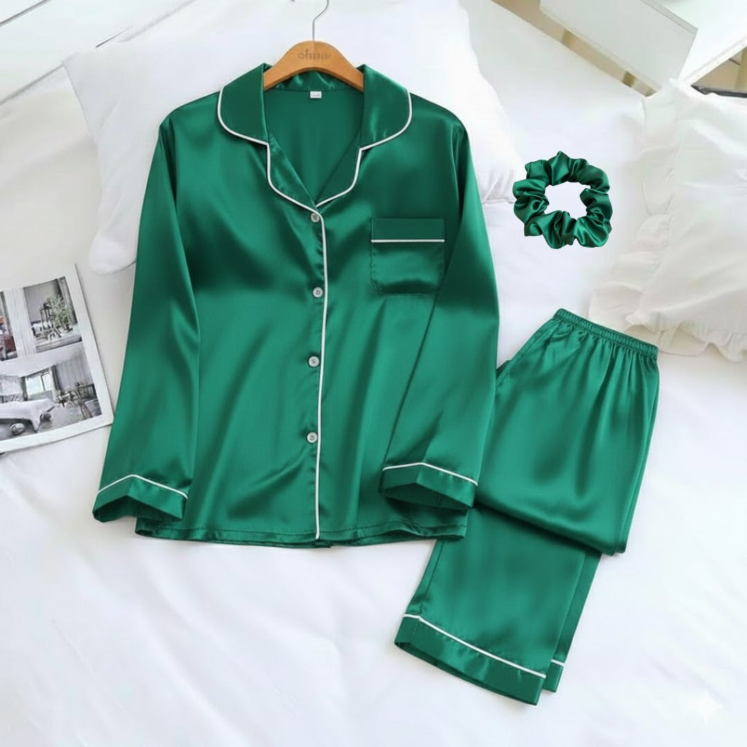 Luxury Silk-Feel Satin Night Suit with Matching Scrunchie