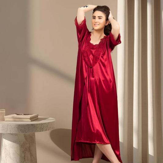 Luxury Satin Lace Nighty Set – 2-Piece Slip Dress & Robe