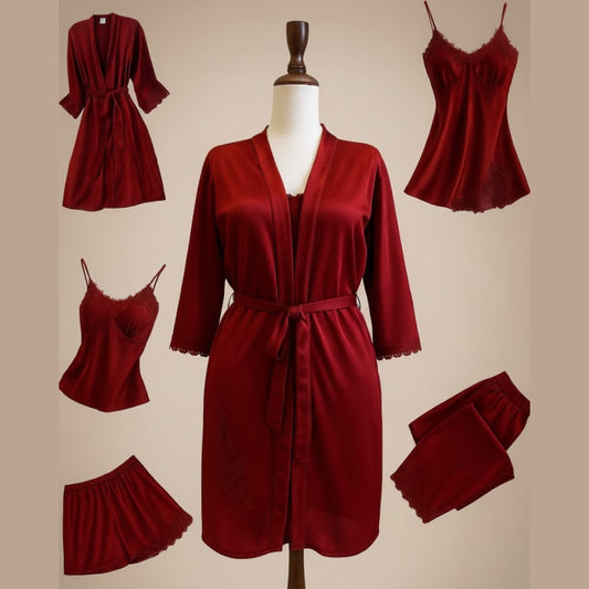 Premium 5-Piece Luxury Satin Nightwear Set – Soft Velvet Feel, Lace Detail